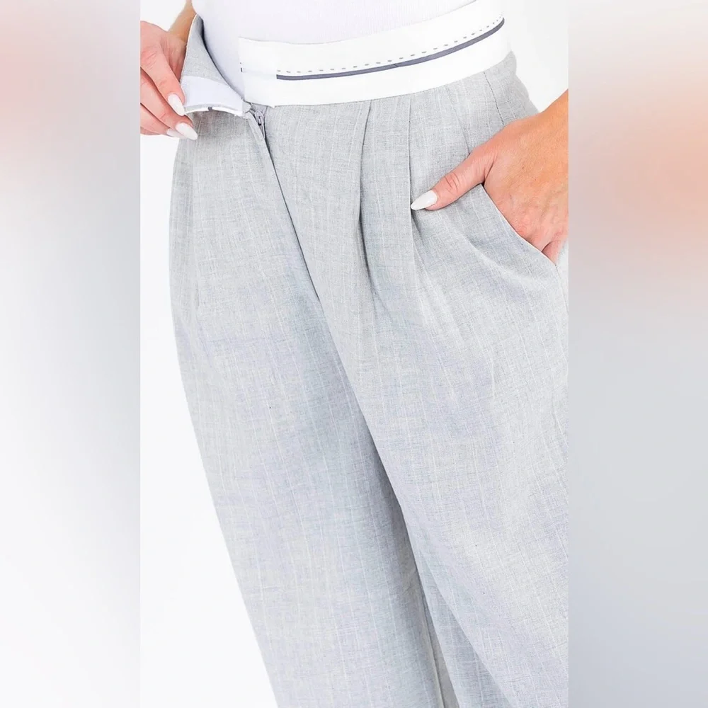 Wide Leg Pinstripe Trousers - Light Gray - Picture 2 of 3